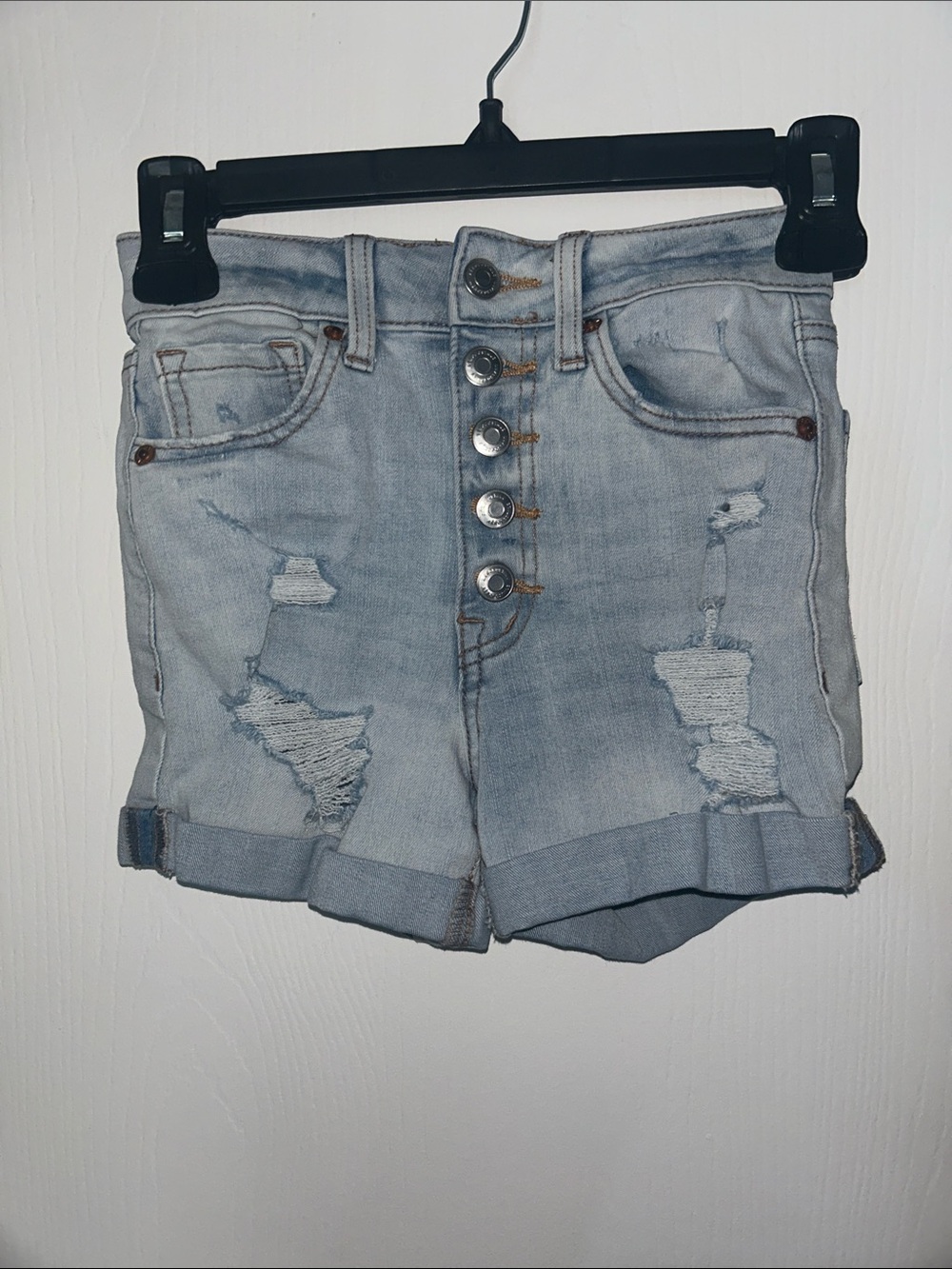 Aeropostale Light Blue Distressed High-Rise Denim Shorts with Button Fly